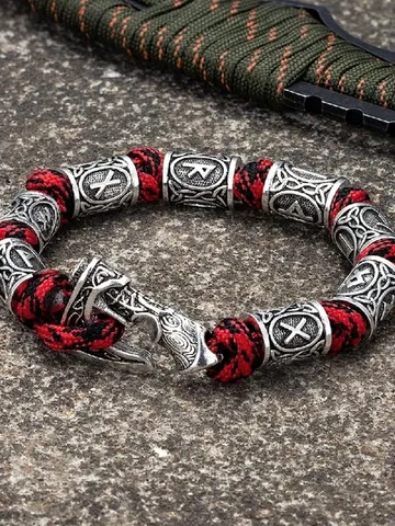 Handmade paracord and stainless steel bracelet with Viking runes $49.00