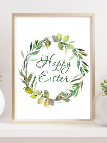 Happy Easter Wall art digital print. Green Easter wreath watercolor print. $2.00