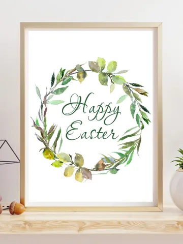 Happy Easter Printable Wall Decor. Green Easter wreath watercolor print. $2.00
