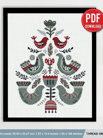 Scandinavian Christmas Tree stitch pattern, Bird, ornament, New Year decor cross stitch pattern, counted, gift DIY, embroidery, instant PDF $5.94