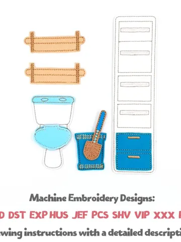 ITH Felt Dollhouse Bathroom Furniture Set | Miniature Toilet Cabinet Shelf Pattern | Embroidery Design 5x7 Hoop $5.00