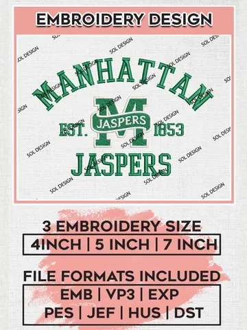 Manhattan Jaspers Est 1853 Embroidery Designs, NCAA Manhattan Jaspers Team Embroidery, NCAA Team Logo, 3 sizes, Machine embroidery Files, Digital Download $6.99