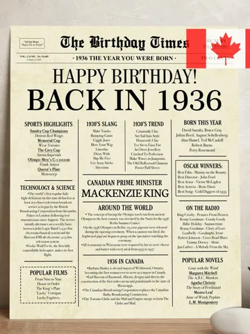 Back in 1936 CANADA | 89th Birthday Newspaper Sign Canadian | 1936 Birthday Poster | 89th Birthday Gift | 89 years ago back in 1936 $7.00