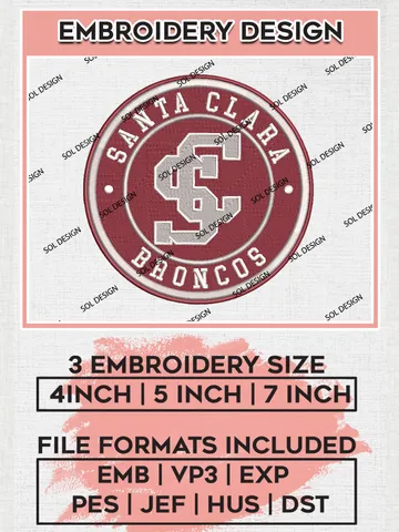 NCAA Santa Clara Broncos Round Logo Embroidery, NCAA Santa Clara Broncos Embroidery Design files, NCAA Teams, NCAA Machine embroidery designs, Digital Download
