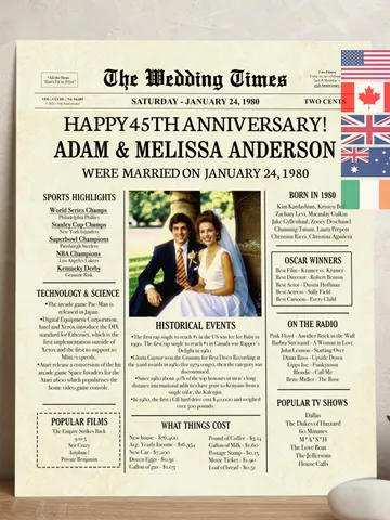 45th Wedding Anniversary Gift for Parents — 1980 Newspaper Poster, Back in 1980 Printable Decor, 45 Years Married Digital Download $15.00