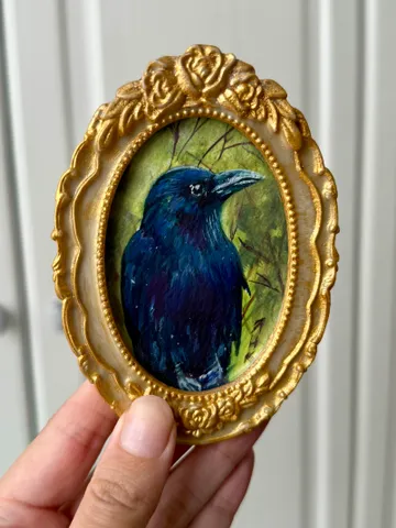 Framed Bird Raven Painting Small Original Witch’s Friend Artwork Crow Art Tiny Oval Painting Bird $81.00