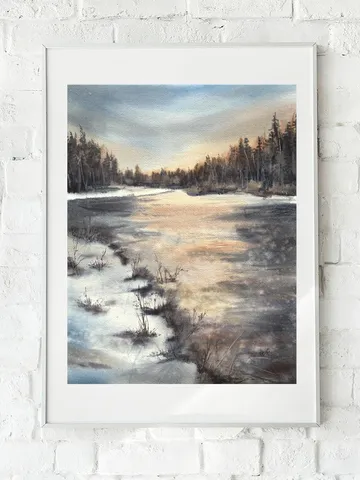 Landscape Original Painting Watercolor River Wall Art Winter Landscape $165.74