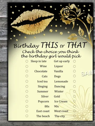 Gold Glitter Lips Birthday This or that game,Adult Birthday party game-fun games for her-Instant download $1.75