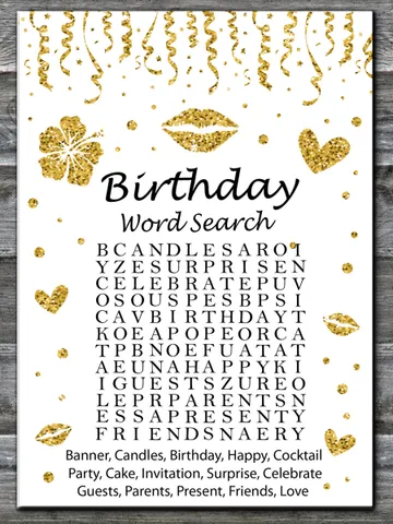 Gold glitter Birthday Word Search Game,Adult Birthday party game-fun games for her-Instant download $1.75