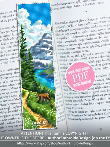Glacier national park bookmark cross stitch pattern PDF download Nature cross stitch chart, Digital bookmark pattern, Bears, Mountains #B222 $4.40