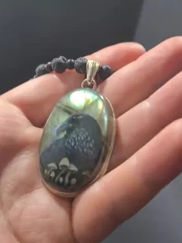 Raven necklace with toadstools Crow Viking Labradorite Shungite Lavastone $95.00