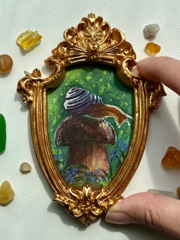 Snail Painting Original In Vintage Style Frame Small Framed Gobllincore Painting Art Slug Art Snail On Mushroom Portrait $78.00