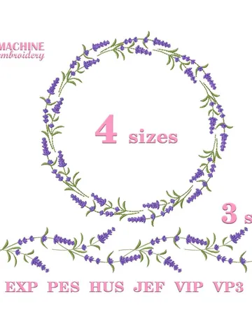 Lavender embroidery design Machine embroidery Lavender wreath 4 sizes and border embroidery 3 sizes, Flower embroidery files download #R51 $4.40