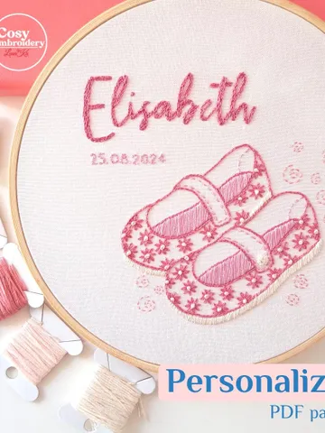 Personalized Baby Name Embroidery Pattern PDF Custom Pink Floral Girl Shoes Design Nursery Wall art DIY Birth Announcement Handmade Hoop Art $10.00