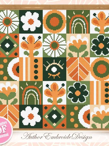 Floral boho cross stitch pattern PDF download Scandinavian folk cross stitch chart for beginner, Abstract flowers pattern digital PDF #P49 $5.50