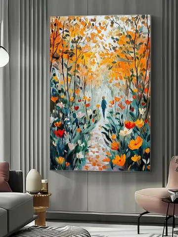 Impasto Autumn Forest Path Oil Painting on Canvas, Woman Walking in Woods, Textured 3D Landscape Art, Nature Wall Art Decor,Fall Foliage Art $119.14