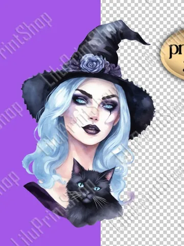 Witch and black cat clipart overlay, Witch with hat sublimation , spooky season png Halloween digital instant download $2.71