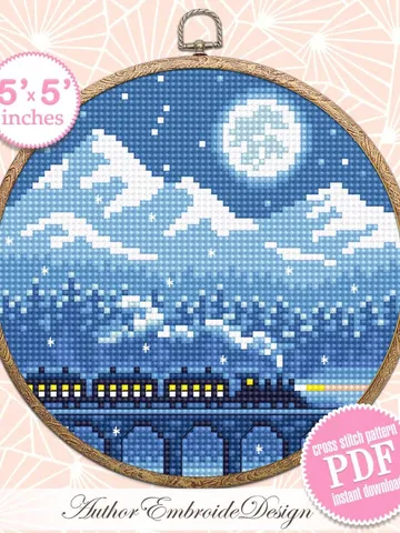 Winter mountain landscape cross stitch pattern PDF download Night train cross stitch Small pattern digital PDF Old train bridge viaduct #L93 $3.95