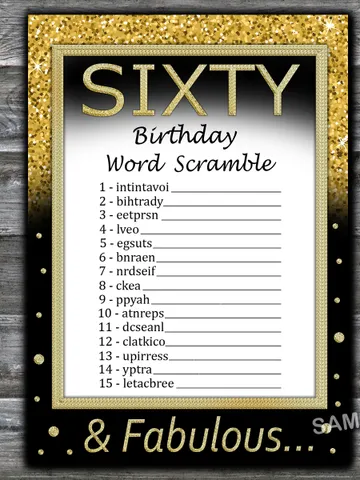 Sixty Birthday Word Scramble Game,Adult Birthday party game-fun games for her-Instant download $1.75