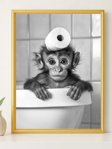Funny Baby Monkey Bathroom Wall Art, Cute Jungle Animal with Toilet Paper, Safari Nursery Décor, Black and White Digital Download