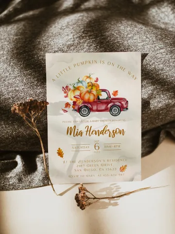 Red Truck with Pumpkins Invitation; Little pumpkin is on the way; Red Truck Pumpkin Harvest Baby Shower; Fall; Autumn; Pumpkin; Harvest; $10.98
