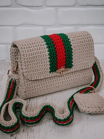 Beige crossbody with red stripe, crochet bag, handmade luxury handbag, clutch, shoulder bag, accessories for gift, polyester cord $95.00