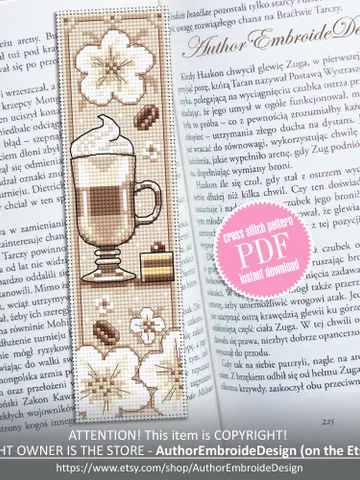 Coffee bookmark cross stitch pattern PDF download Coffee cross stitch chart, Bookmark pattern digital PDF, Coffee lover gift, Latte #B373 $4.40