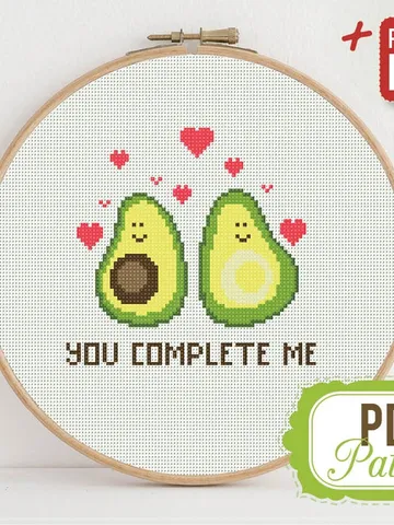 Avocado Cross stitch pattern Love Heart Cross stitch pattern You Complete me PDF Format Instant Download Home decor Modern $5.37