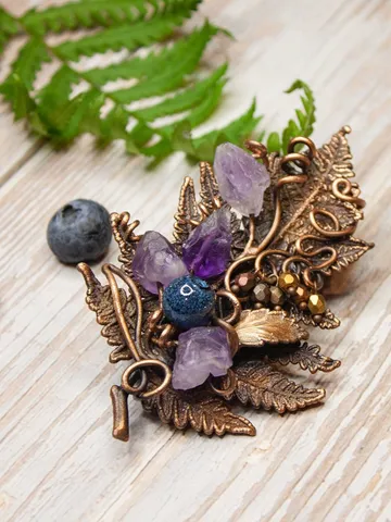 Copper handmade fern leaf brooch, amethyst buds, blueberry beads, nature jewelry, forest bunch, great gift for her, electroforming $79.00