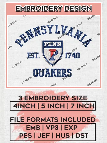 Pennsylvania Quakers Est 1740 Embroidery Designs, NCAA Pennsylvania Quakers Team Embroidery, NCAA Team Logo, 3 sizes, Machine embroidery Files, Digital Download $6.99