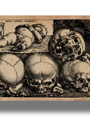 A sleeping child with an hourglass and four skulls. $21.00