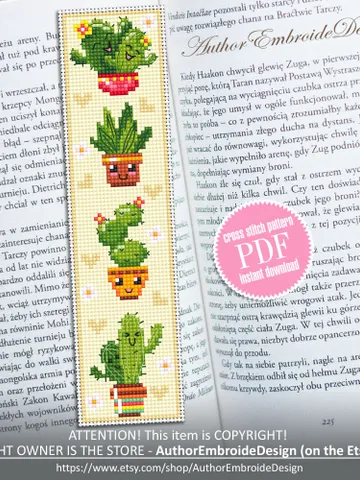 Cactus bookmark cross stitch pattern PDF download Kawaii cactus cross stitch chart, Floral bookmark pattern digital PDF, Potted plants #B340 $4.40