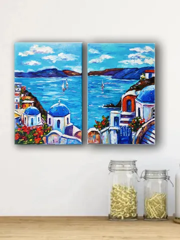 Santorini sailboats at sea oil painting diptych $692.00