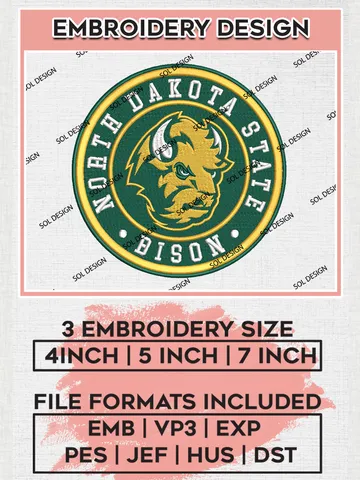 NCAA North Dakota State Bison Round Logo Embroidery, NCAA North Dakota State Bison Logo Embroidery files, NCAA Teams, Machine embroidery designs, Digital Download