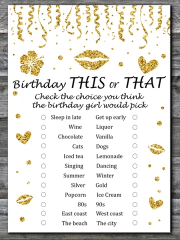 Gold glitter Birthday This or that game,Adult Birthday party game-fun games for her-Instant download $1.75