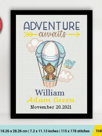 Birth announcement Bear Balloon, cross stitch pattern, baby, personalized, Adventure awaits, boy girl nursery, DIY, embroidery, instant PDF $6.80