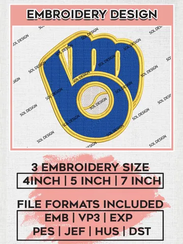 MLB Milwaukee Brewers Logo Embroidery Design Files, MLB Milwaukee Brewers Team Embroidery, MLB Teams, 3 sizes, MLB Machine embroidery designs, Digital Download $6.99