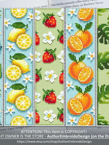 Bookmark set cross stitch pattern download PDF Handmade bookmark pattern digital PDF, Fruit cross stitch Orange pattern, Monstera leaf #B118 $17.45