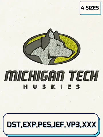 Michigan Tech Huskies Logos Embroidery Design Files, NCAA Logos Embroidery Designs, Machine Embroidery Files, 4 Sizes