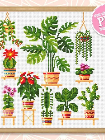 House plants cross stitch pattern PDF download Floral cross stitch chart, Sampler plants pattern digital PDF, Plants lover gift #P8 $4.70