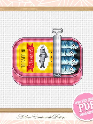 Sardines can cross stitch pattern PDF download Vintage tinned sardines cross stitch chart, Fish pattern digital, Funny kitchen decor #F27 $3.40