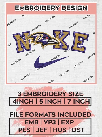 Nike Baltimore Ravens Embroidery Design Files, NFL Ravens, NFL Embroidery Designs, NFL Baltimore Ravens Machine Embroidery Design, Digital Download $6.99