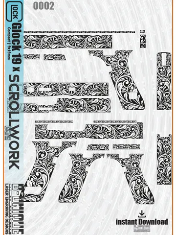 Glock 19x Scroll Design, laser engraving file, ezcad ready files, laser cut, fiber laser svg, arms design, engraving patterns svg. Stippling $70.00