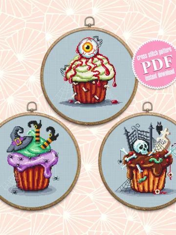 Halloween cupcake cross stitch pattern PDF download Sweet food cross stitch chart Halloween dessert pattern digital PDF Happy Halloween #S50 $11.90