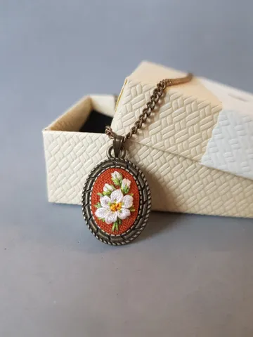 Ribbon embroidered pendant for her, handmade jewelry embroidery