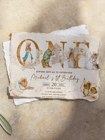 Rustic Peter Rabbit First Birthday Invitation Template; Spring Bunny Classic Peter Rabbit Birthday Invitation Handdrawn Peter Rabbit $12.78