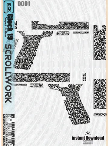 Glock 19 Glock 17 Gen 5 Scroll Design, laser engraving file, ezcad ready files, laser cut, fiber laser svg, armsdesign, engraving patterns svg. Stippling $70.00