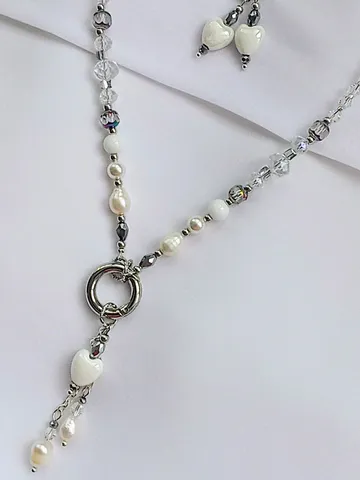 White Heart necklace and earrings set with natural pearls silver, heart shaped jewelry love gift, pearl earrings $64.00