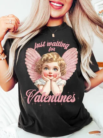 Just Waiting For Valentine's Png, Retro Valentine Shirt Design, Gold Glittered Cupid, Valentine's Day Png, Valentine Love Png Digital $3.62