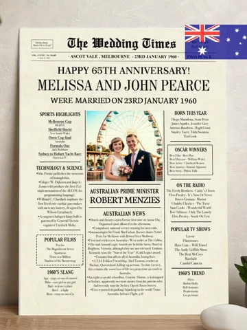 65th wedding anniversary gift for parents 1960 australian newspaper poster printable the wedding times 65 year sapphire celebration card $15.00